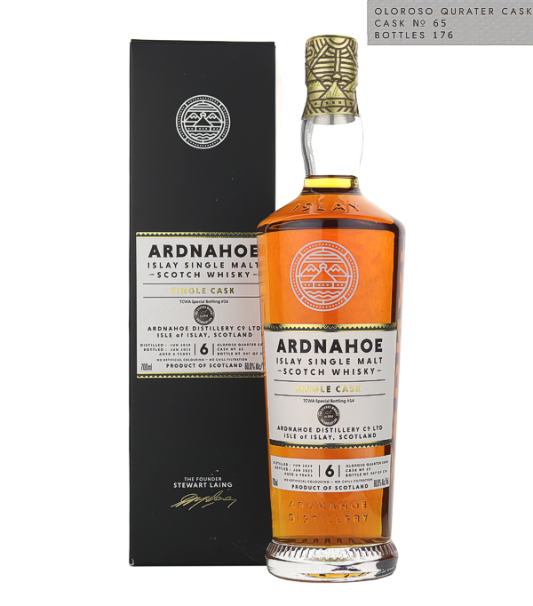 Ardnahoe 6 Years Old �Single Cask�  TCWA Special Bottling 2019 Oloroso Quarter Cask #65, 70 cl, 60.0 % Vol. (Whisky), Schottland, Isle of Islay, Cette mise en bouteille sp�ciale en f�t d'un quart de gallon allie un vieillissement intense en f�ts de sherry � un caract�re fum� distinctif, donnant naissance � un whisky puissant et complexe, dot� d'une personnalit� affirm�e. Le vieillissement en f�ts d'Oloroso lui conf�re profondeur, douceur et une chaleur sombre et aromatique.  Cette �dition Ardnahoe, mise en bouteille pour la Cyprus Whisky Association, impressionne par sa s�lection rigoureuse, son caract�re unique et son profil expressif, 