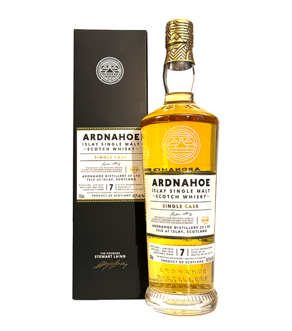 Ardnahoe 7 Years Old �Single Cask� Kirsch Import Bourbon Cask #70, 70 cl, 60.2 % Vol. (Whisky), Schottland, Isle of Islay, Diese Sonderabf�llung der Destillerie Ardnahoe wurde speziell f�r das 50. Firmenjubil�um des Distributors Kirsch Import kreiert. Der intensiv torfrauchige Islay Single Malt lagerte �ber eine Zeitspanne von sieben Jahren in einem First-Fill-Bourbon-Fass mit der Nummer 70.  <strong>Wie schmeckt Ardnahoe 7 Years Old �Single Cask� Kirsch Import Bourbon Cask 70?</strong> Das Geschmacksprofil zeichnet sich durch einen kr�ftigen Islay-Rauch aus, der von einer deutlich sp�rbaren maritimen Note und salzi