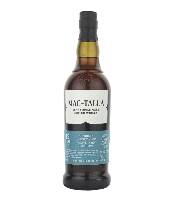 Mac-Talla 15 Years Old �Anniversary Exclusive� pour Aberdeen Whisky Shop, 70 cl, 53.1 % Vol., Schottland, Isle of Islay, Pour c�l�brer son 15e anniversaire, l'Aberdeen Whisky Shop lance le Mac-Talla 15 Years Old Anniversary Exclusive, un single malt d'Islay exclusif de Morrison Distillers, disponible en �dition limit�e � environ 150 bouteilles.  Vieilli pendant 15 ans dans une combinaison de f�ts de bourbon et de sherry, ce whisky r�v�le un profil complexe et typiquement Islay�: des embruns marins, une l�g�re fum�e de tourbe et des ar�mes fruit�s et �pic�s s'entrem�lent pour cr�er un caract�re harmonieux et puissa