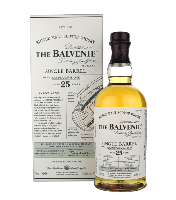Balvenie 25 Ans  Single Barrel - Chne Traditionnel  2015, 70 cl, 47.8 % Vol. (Whisky), Schottland, Speyside, Distill: 31/03/1990 Mise en bouteille: 09/06/2015  Nombre de bouteilles: 164