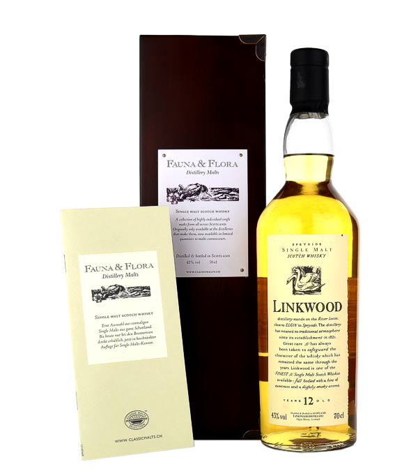 Linkwood 12 Years Old «Flora & Fauna» Holzkiste , 70 cl, 43 % Vol. (Whisky), Schottland, Dieser Linkwood 12 Years Old «Flora & Fauna» ist eine alte Abfüllung in einer seltenen Holzkiste mit einem Büchlein von «Friends of the Classic Malts». Es handelt sich hier um eine alte Abfüllung mit der Flaschennummer L19T00012450 (oder L19TQ00124). Dieser Speyside Whisky der Spitzenklasse mit komplexem und doch harmonischem Abgang ist eine seltene Gelegenheit für Sammler und Geniesser.  <strong>Wie schmeckt der Linkwood 12 Jahre Flora & Fauna?</strong> In der Nase offenbaren sich frische und z