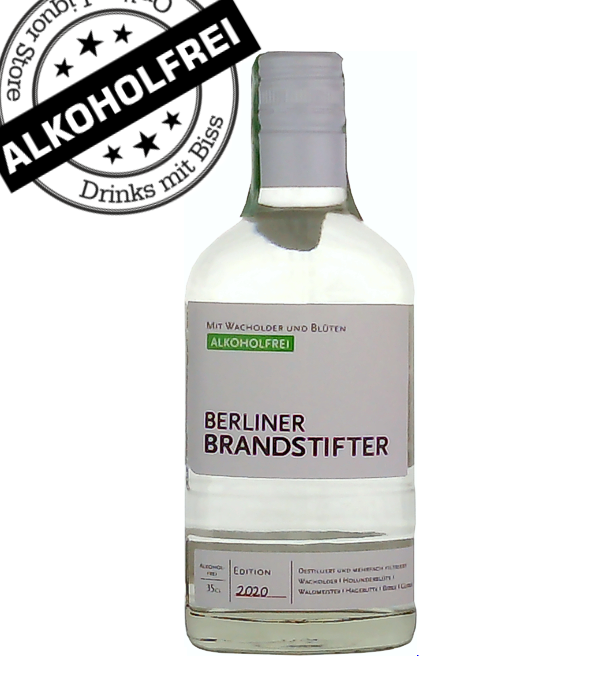 Berlin arsonist non-alcoholic, 35 cl, , Similar to its brother, the non-alcoholic version of the Berlin Brandstifter Gin contains well-balanced and harmonious juniper notes. Each botanical is distilled individually and mixed with water instead of alcohol. After sevenfold distillation, it is bottled in the bottle known for the brand.  An extremely good non-alcoholic alternative to the Berliner Brandstifter Dry Gin!  Enjoy the non-alcoholic Berliner Brandstifter with tonic on ice or in a so-called mocktail.