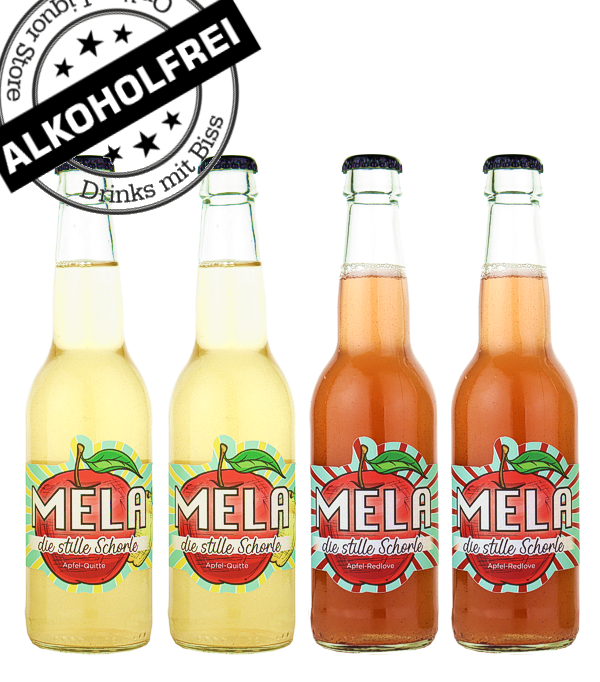 MELA the silent spritzer combo 2 x apple-quince, 2 x apple-Redlove, 1.32 Liter, 0 % Vol., , MELA apple and quince still spritzer is made from direct apple and quince juice (no concentrate) and consists of 60% apple juice, 10% quince juice and 30% water. With its fruity taste of pears and lemons, the quince gives this spritzer that extra fruit kick.  MELA Apple-Redlove the still spritzer is made from direct juice from Redlove apples (no concentrate) and consists of 70% fruit juice content and 30% water. With its red flesh, the fruit impresses with its fresh and slightly berry taste.